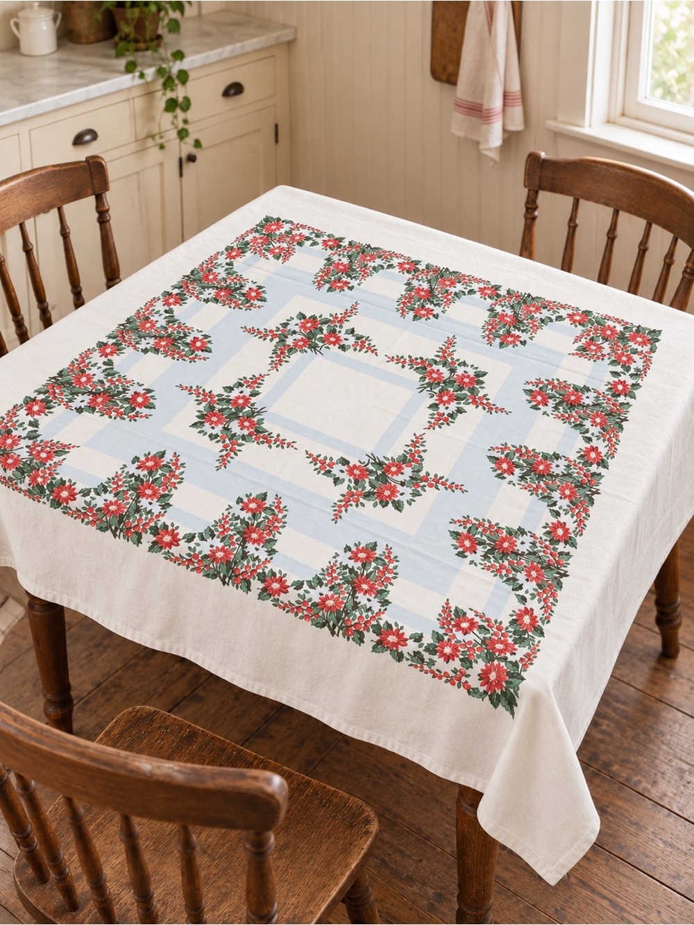Vintage 48” Square Tablecloth Red Floral Berry Blue Geo Stripe Holiday Cottage